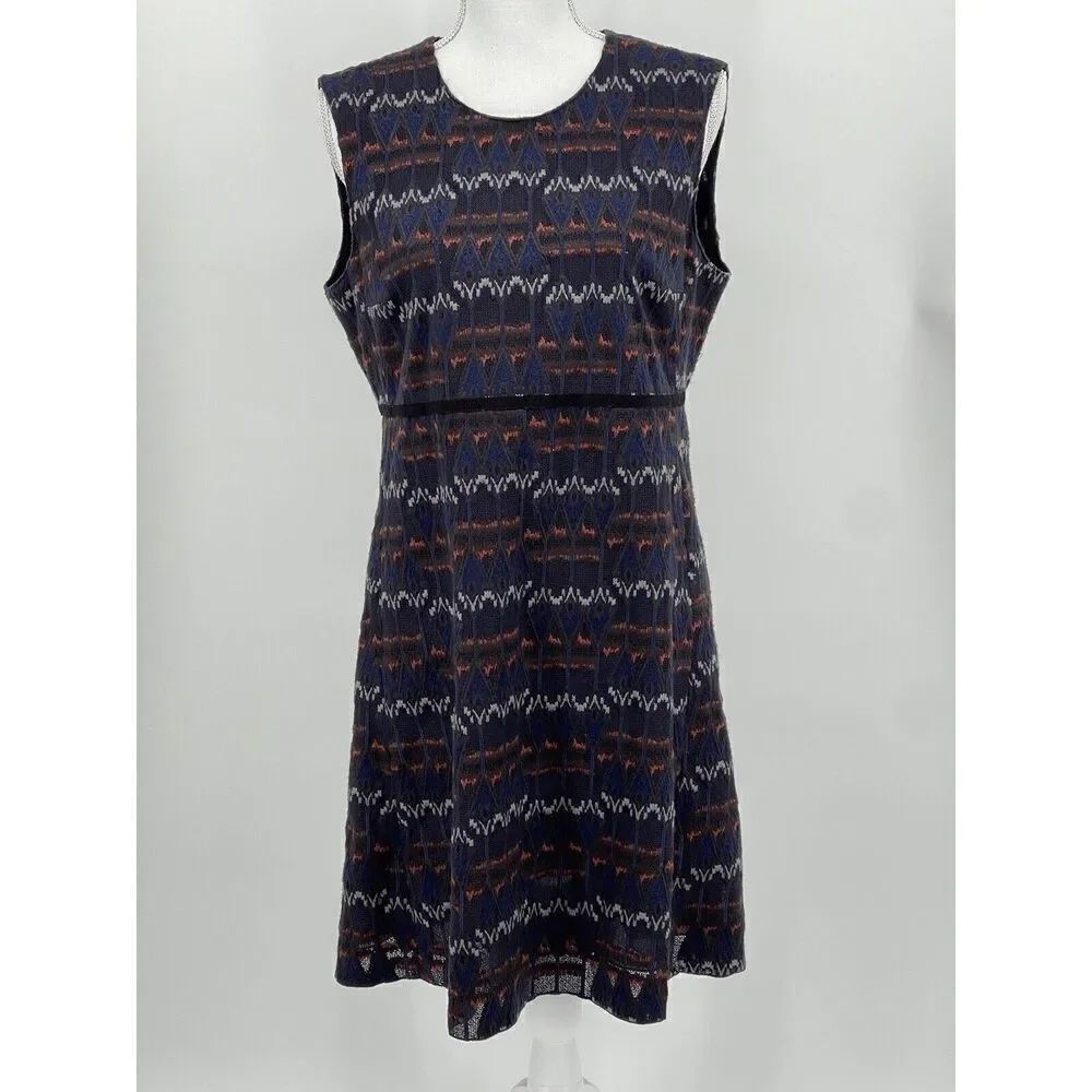 Longchamp Woven Lined Shift Dress Blue Navy Orange Size 42 FR 10 US